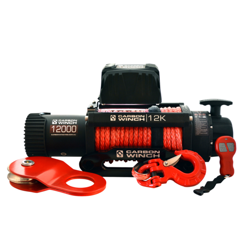 Carbon Winches 12K 12,000Lb Electric winch with Red synthetic rope and Hook